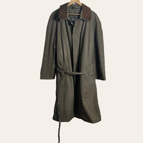 Vintage Jos. A. Bank Brown Khaki Leather Collar Belted Trench Coat Men’s 44R